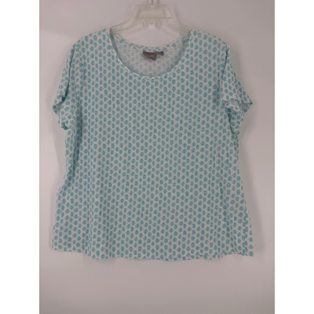 Chicos Womens Size 3 Aqua White Geometric Print Short Sleeve Top